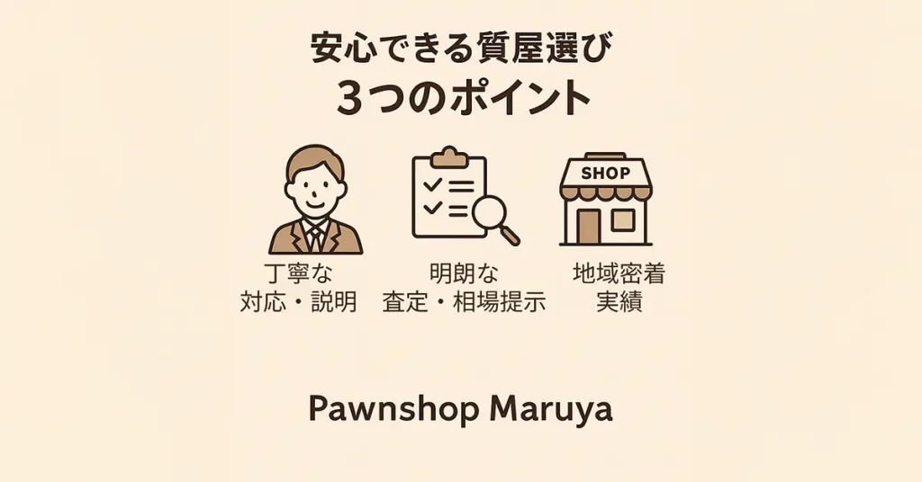 安心できる質屋選びの3つのポイントを紹介するイラスト。丁寧な対応と説明、明朗な査定と相場提示、地域密着と実績をアイコンで表現し、信頼できるお店選びを促す。