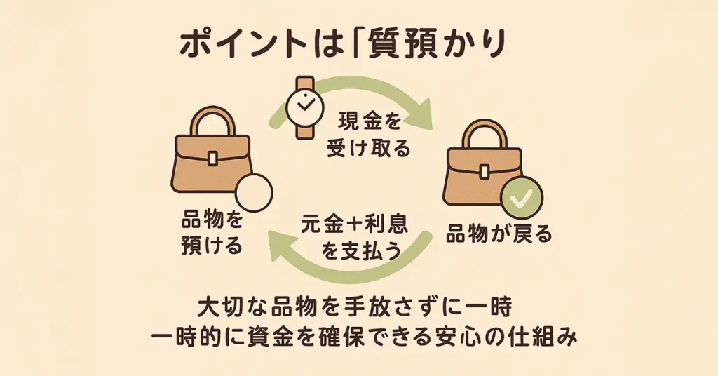 「質預かりの仕組みを説明するイラスト。品物を預けて現金を受け取り、後で元金と利息を支払えば品物が戻る循環を描いている。手放さずにお金を用立てられる安心の仕組み。」