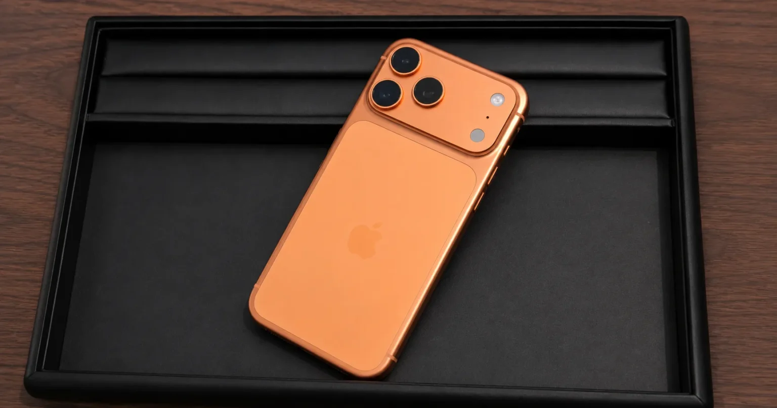 黒い査定トレーに置いたコズミックオレンジのiPhone 17 Pro Max